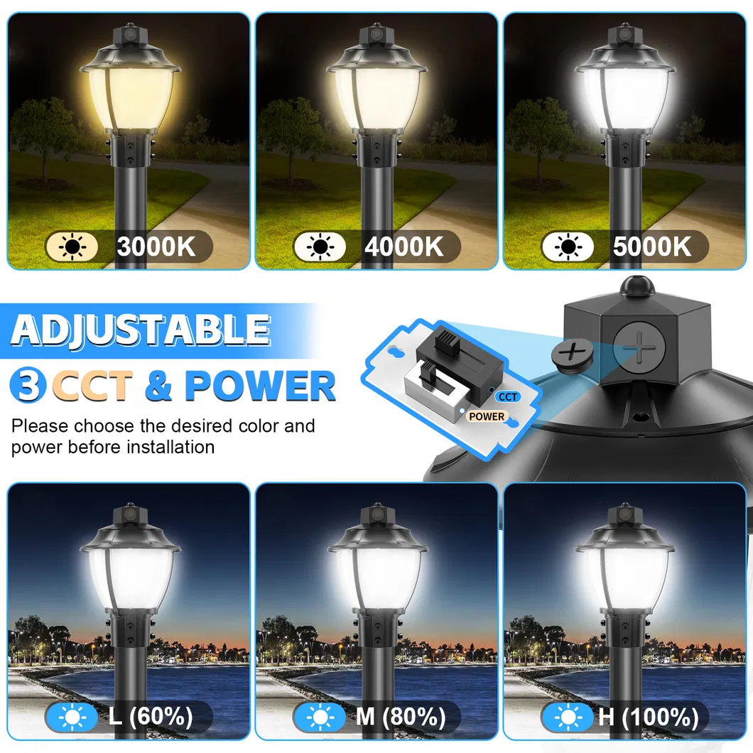 ضوء الحديقة LED قابل للتعديل مضاد للصدمات IP65 48/64/80W مضاد للماء 130lm/W فانوسة أسود وأبيض العشب 0