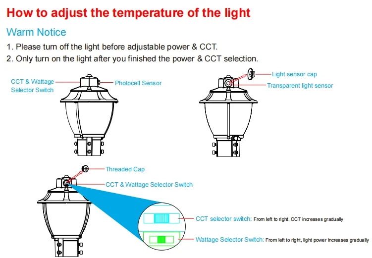 ضوء الحديقة LED قابل للتعديل مضاد للصدمات IP65 48/64/80W مضاد للماء 130lm/W فانوسة أسود وأبيض العشب 7