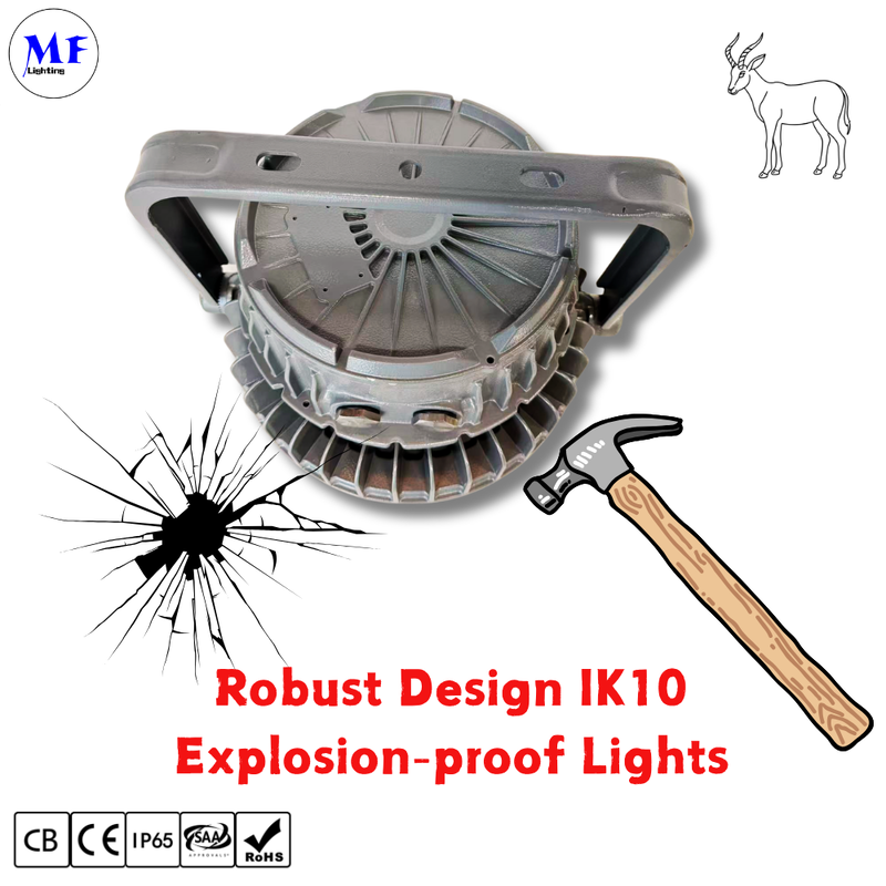 ATEX LED Highbay Light Explosionproof UFO Zone 1 Zone 2 Dim 200W 300W 400W IP66 Ik10 Steelwork Power Plants Alcohol Oil Gas Harsh Industrial