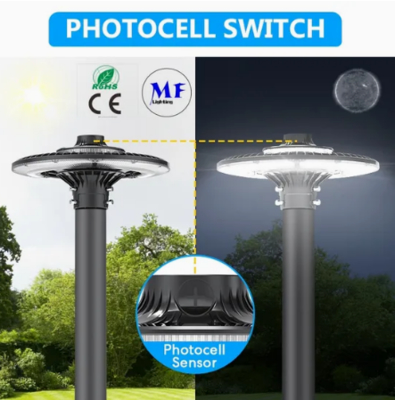 مصباح حديقة LED قابل للتعديل 150 واط IP65 مدمج مقاوم للماء 130 لومن/واط أسود دائري ساحة حديقة عمود علوي